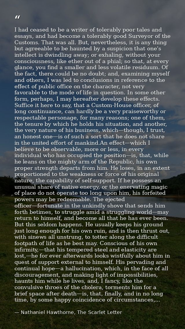 I had ceased to be a writer of tolerably poor tales and essays, and had become a tolerably good Surveyor of the Customs. — Nathaniel Hawthorne, The Scarlet Letter