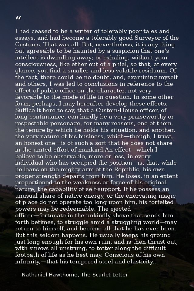 I had ceased to be a writer of tolerably poor tales and essays, and had become a tolerably good Surveyor of the Customs. — Nathaniel Hawthorne, The Scarlet Letter