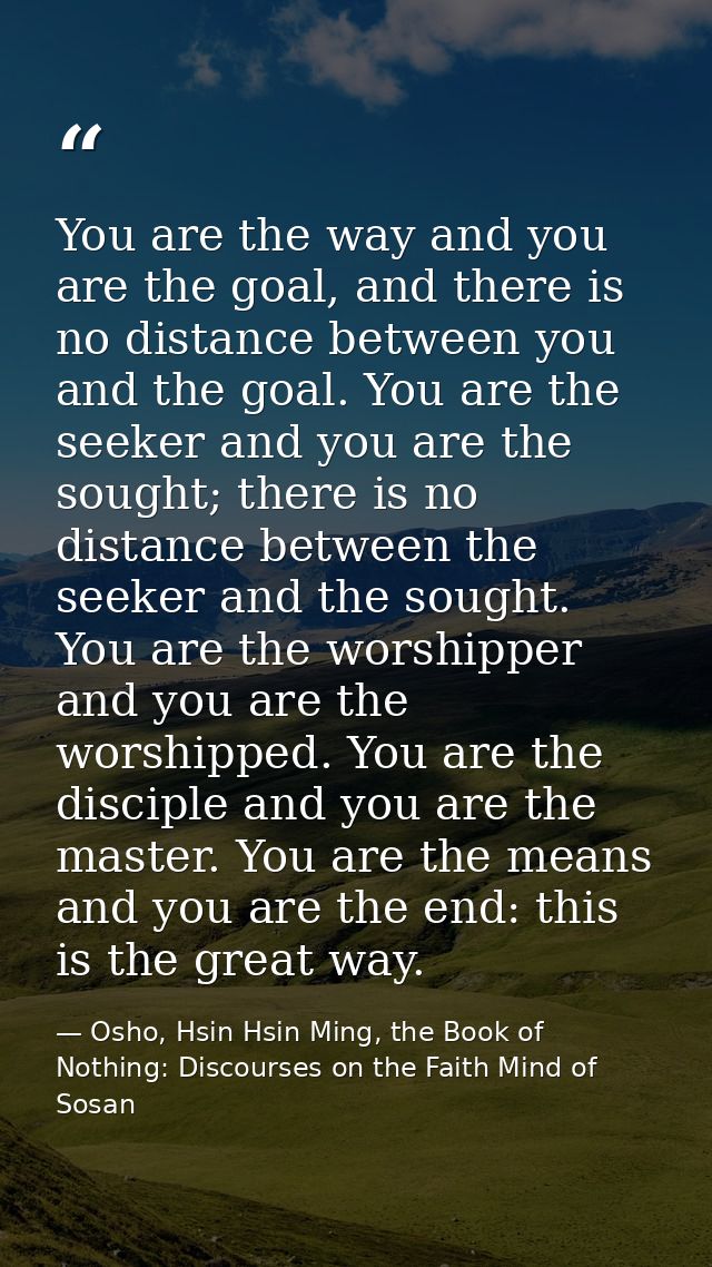You are the way and you are the goal, and there is no distance between you and the goal. You are the seeker and you are  — Osho, Hsin Hsin Ming, the Book of Nothing: Discourses on the Faith Mind of Sosan