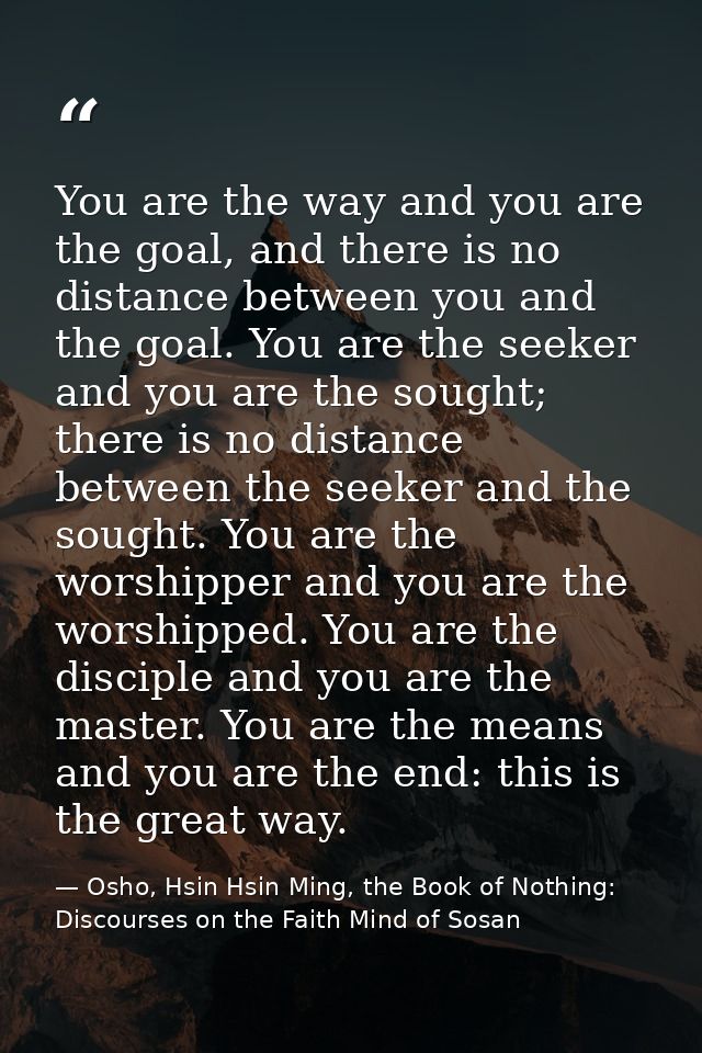 You are the way and you are the goal, and there is no distance between you and the goal. You are the seeker and you are  — Osho, Hsin Hsin Ming, the Book of Nothing: Discourses on the Faith Mind of Sosan