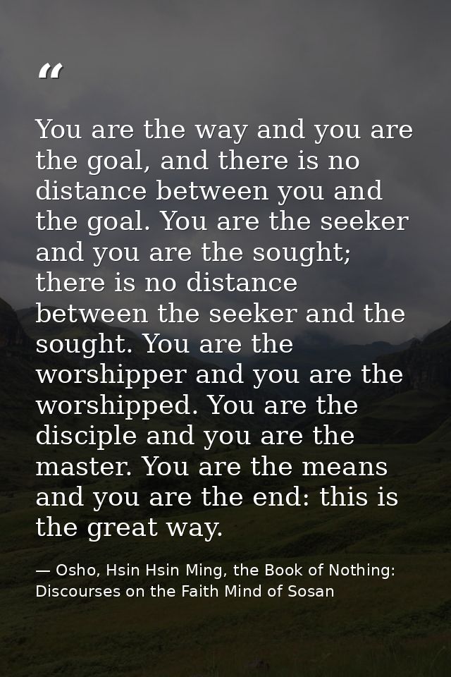 You are the way and you are the goal, and there is no distance between you and the goal. You are the seeker and you are  — Osho, Hsin Hsin Ming, the Book of Nothing: Discourses on the Faith Mind of Sosan