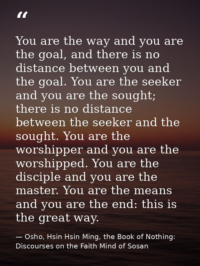 You are the way and you are the goal, and there is no distance between you and the goal. You are the seeker and you are  — Osho, Hsin Hsin Ming, the Book of Nothing: Discourses on the Faith Mind of Sosan
