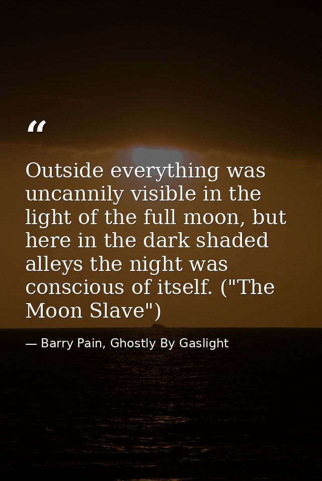 Outside everything was uncannily visible in the light of the full moon, but here in the dark shaded alleys the night was — Barry Pain, Ghostly By Gaslight