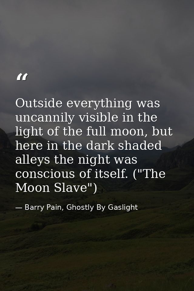 Outside everything was uncannily visible in the light of the full moon, but here in the dark shaded alleys the night was — Barry Pain, Ghostly By Gaslight