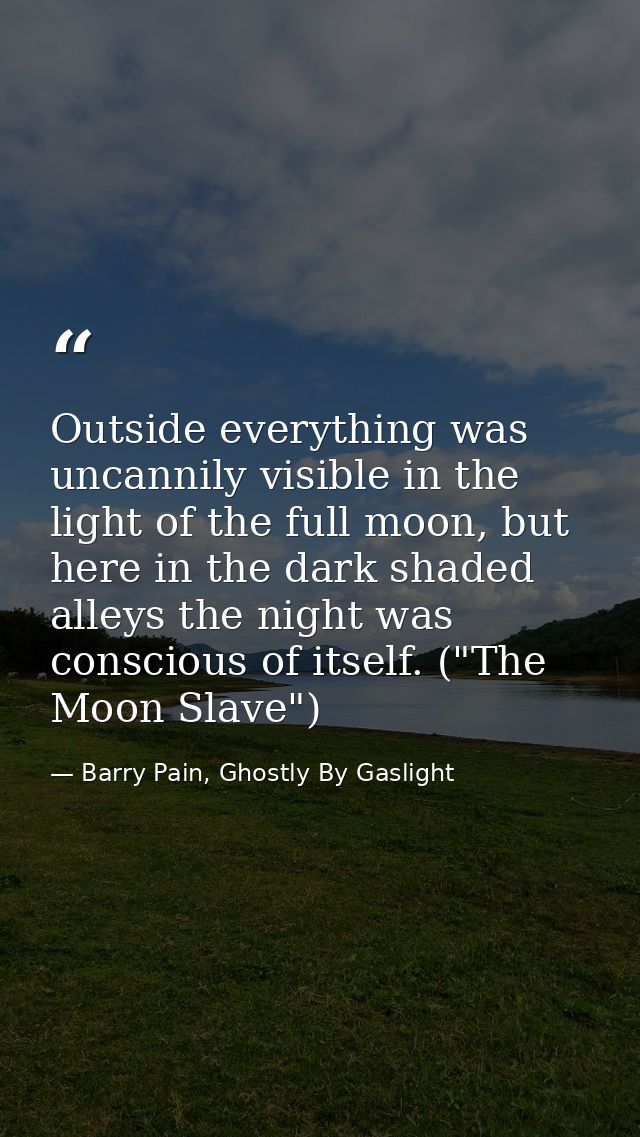 Outside everything was uncannily visible in the light of the full moon, but here in the dark shaded alleys the night was — Barry Pain, Ghostly By Gaslight