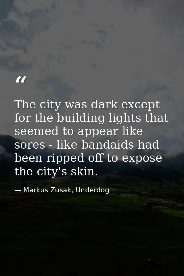 The city was dark except for the building lights that seemed to appear like sores - like bandaids had been ripped off to — Markus Zusak, Underdog