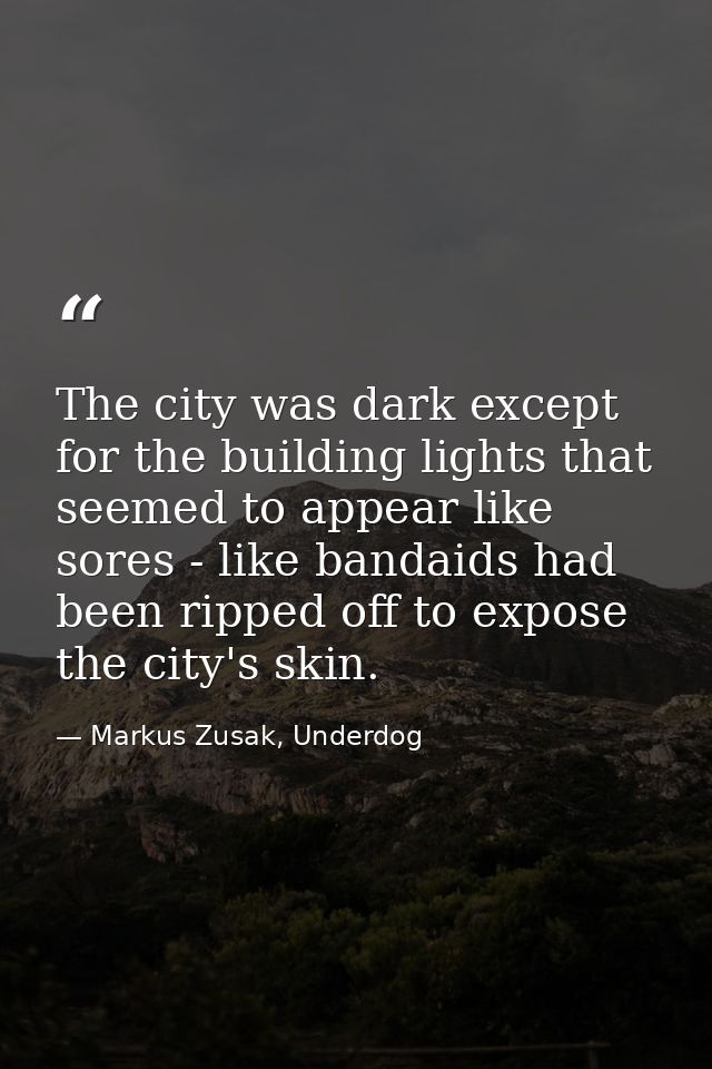 The city was dark except for the building lights that seemed to appear like sores - like bandaids had been ripped off to — Markus Zusak, Underdog