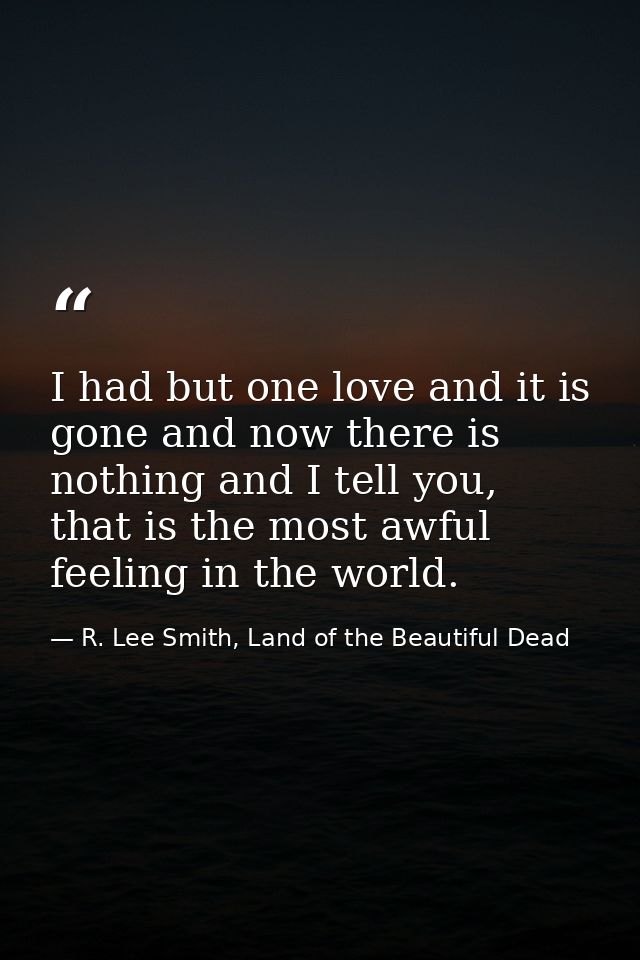 I had but one love and it is gone and now there is nothing and I tell you, that is the most awful feeling in the world. — R. Lee Smith, Land of the Beautiful Dead