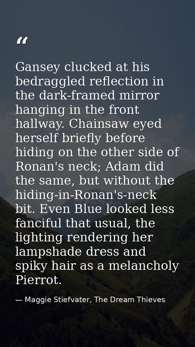 Gansey clucked at his bedraggled reflection in the dark-framed mirror hanging in the front hallway. Chainsaw eyed hersel — Maggie Stiefvater, The Dream Thieves