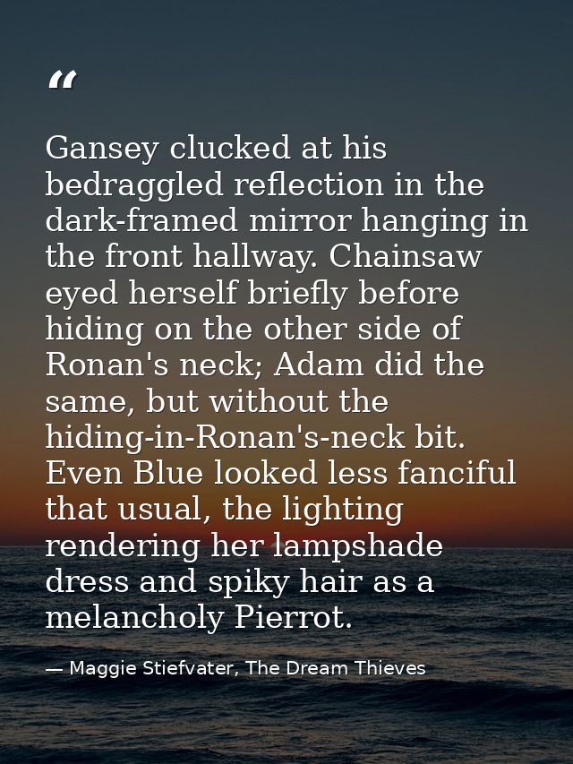 Gansey clucked at his bedraggled reflection in the dark-framed mirror hanging in the front hallway. Chainsaw eyed hersel — Maggie Stiefvater, The Dream Thieves