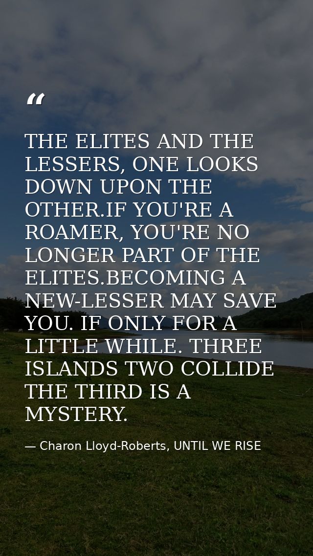THE ELITES AND THE LESSERS, ONE LOOKS DOWN UPON THE OTHER.IF YOU'RE A ROAMER, YOU'RE NO LONGER PART OF THE ELITES.BECOMI — Charon Lloyd-Roberts, UNTIL WE RISE