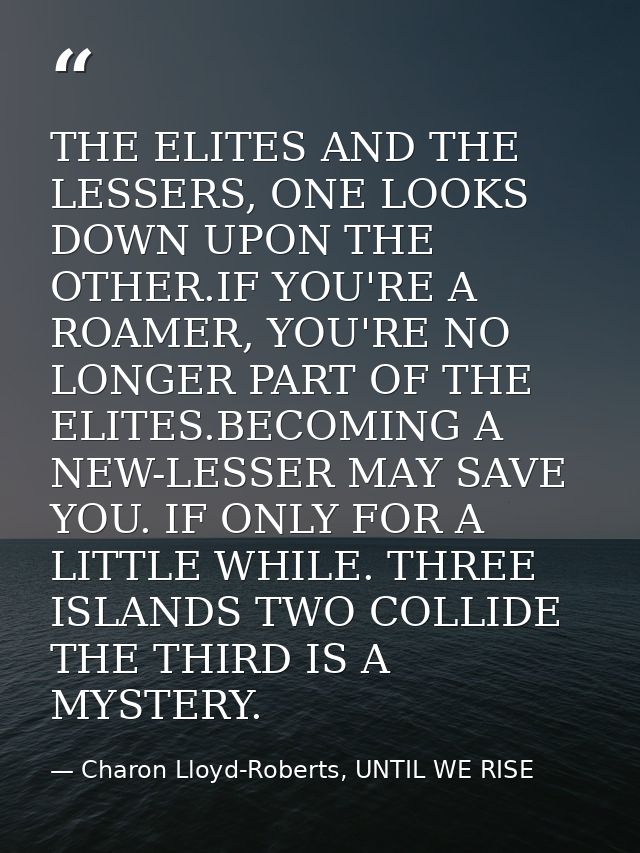THE ELITES AND THE LESSERS, ONE LOOKS DOWN UPON THE OTHER.IF YOU'RE A ROAMER, YOU'RE NO LONGER PART OF THE ELITES.BECOMI — Charon Lloyd-Roberts, UNTIL WE RISE