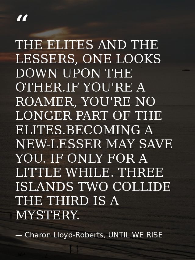 THE ELITES AND THE LESSERS, ONE LOOKS DOWN UPON THE OTHER.IF YOU'RE A ROAMER, YOU'RE NO LONGER PART OF THE ELITES.BECOMI — Charon Lloyd-Roberts, UNTIL WE RISE