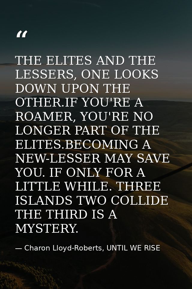 THE ELITES AND THE LESSERS, ONE LOOKS DOWN UPON THE OTHER.IF YOU'RE A ROAMER, YOU'RE NO LONGER PART OF THE ELITES.BECOMI — Charon Lloyd-Roberts, UNTIL WE RISE