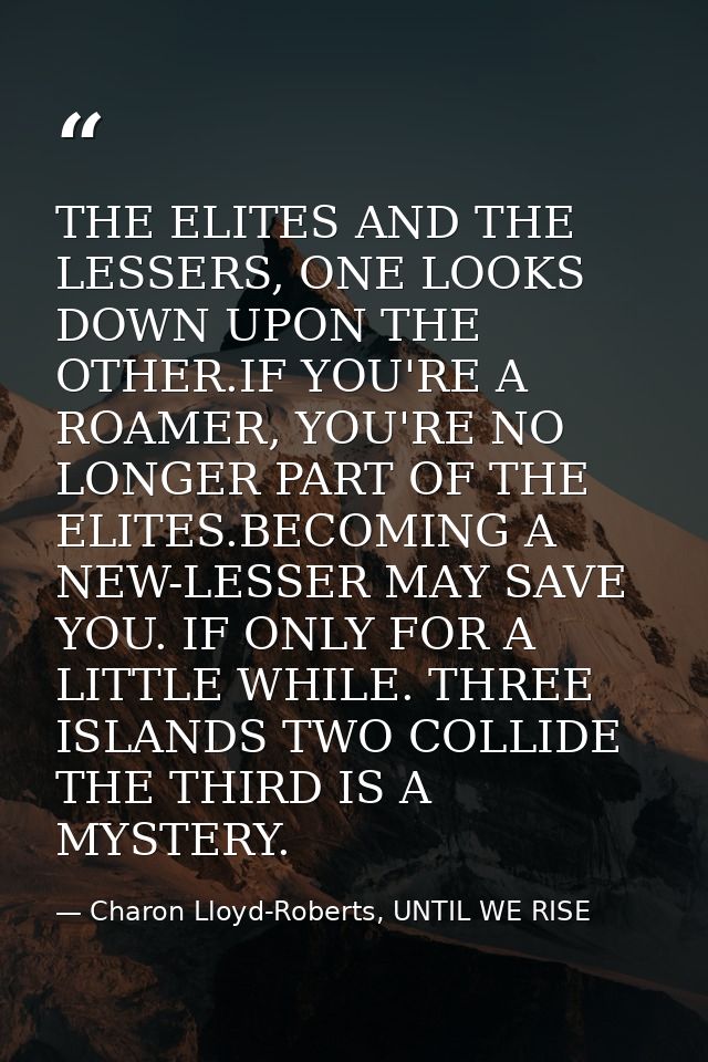 THE ELITES AND THE LESSERS, ONE LOOKS DOWN UPON THE OTHER.IF YOU'RE A ROAMER, YOU'RE NO LONGER PART OF THE ELITES.BECOMI — Charon Lloyd-Roberts, UNTIL WE RISE