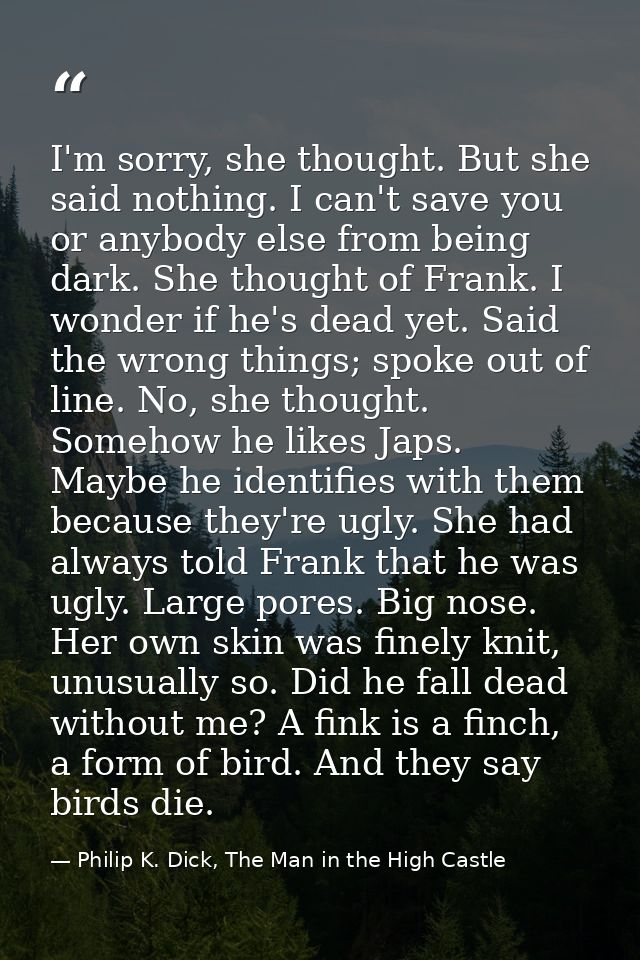 I'm sorry, she thought. But she said nothing. I can't save you or anybody else from being dark. She thought of Frank. I  — Philip K. Dick, The Man in the High Castle