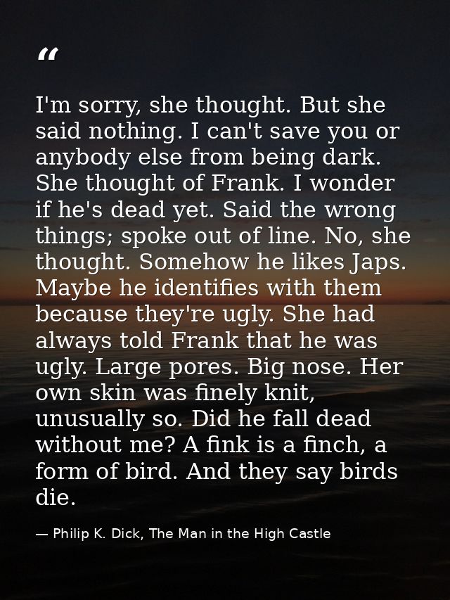 I'm sorry, she thought. But she said nothing. I can't save you or anybody else from being dark. She thought of Frank. I  — Philip K. Dick, The Man in the High Castle