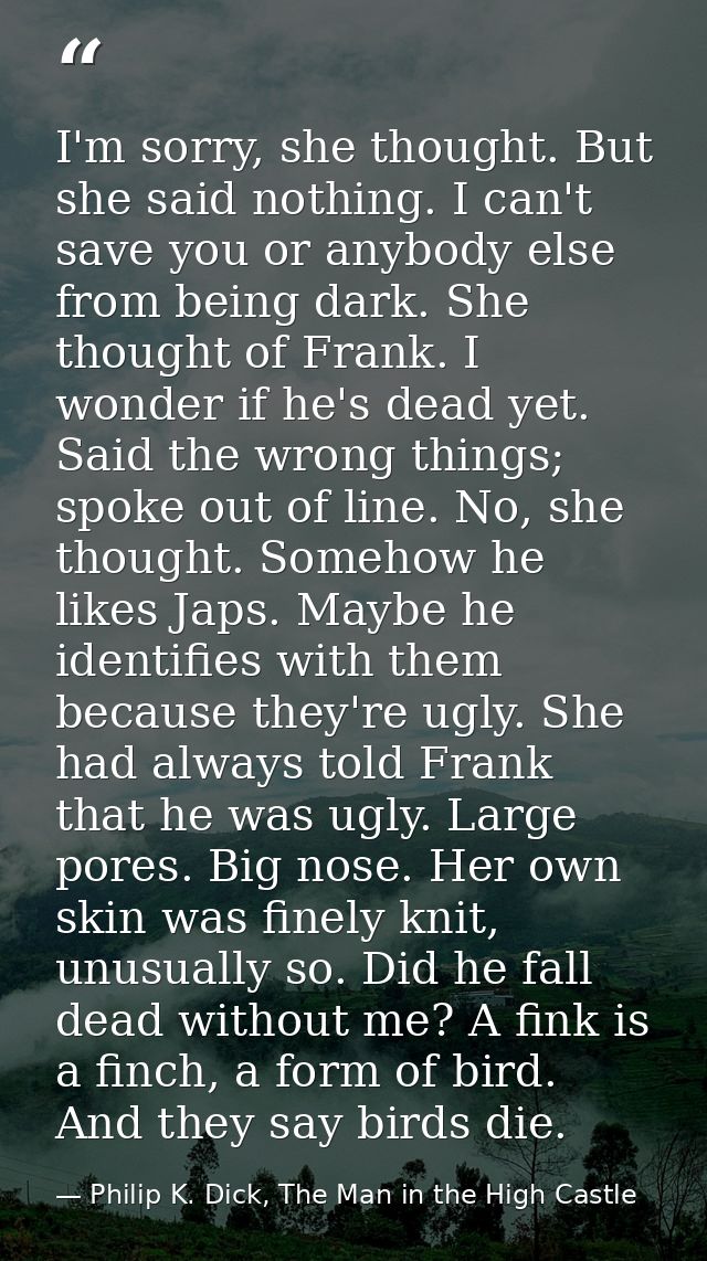 I'm sorry, she thought. But she said nothing. I can't save you or anybody else from being dark. She thought of Frank. I  — Philip K. Dick, The Man in the High Castle