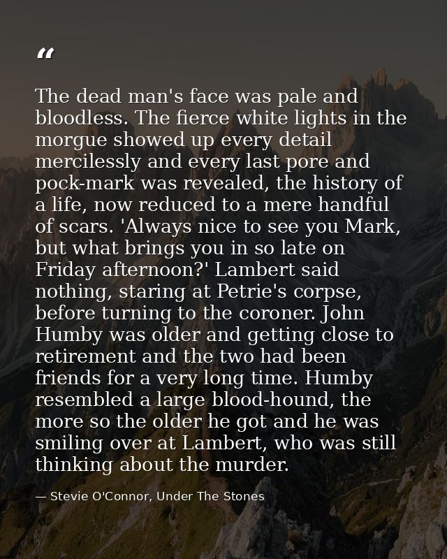 The dead man's face was pale and bloodless. The fierce white lights in the morgue showed up every detail mercilessly and — Stevie O'Connor, Under The Stones
