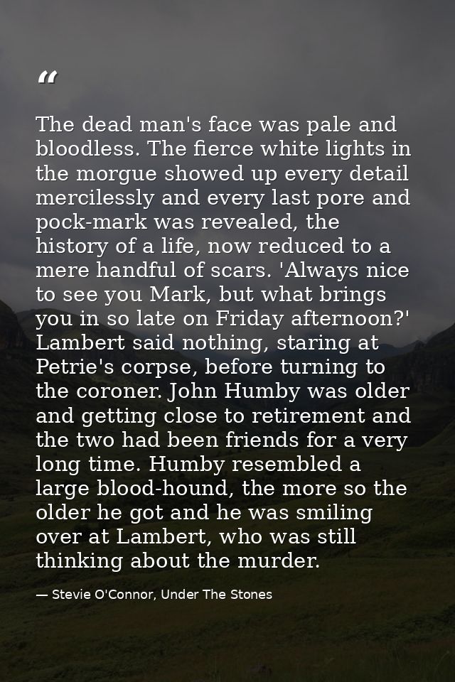 The dead man's face was pale and bloodless. The fierce white lights in the morgue showed up every detail mercilessly and — Stevie O'Connor, Under The Stones