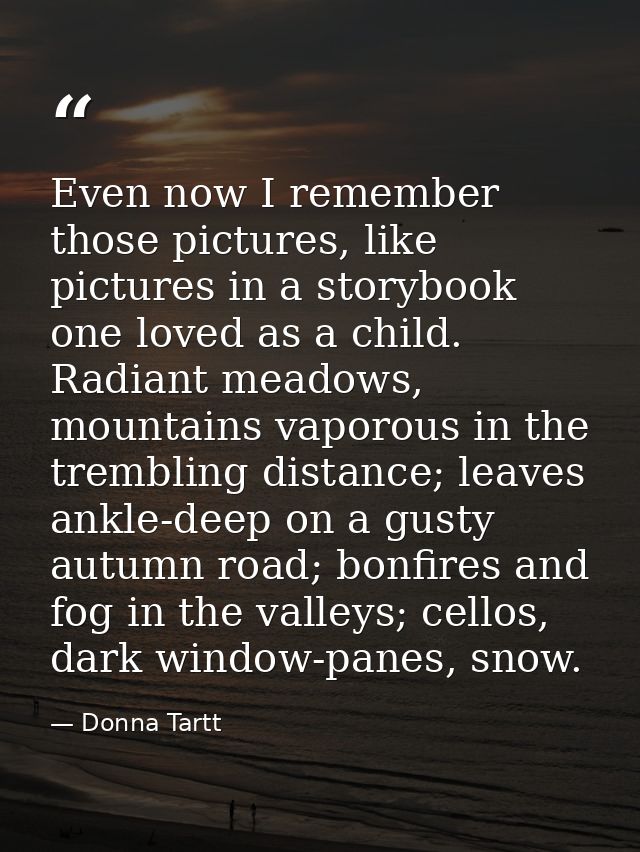 Even now I remember those pictures, like pictures in a storybook one loved as a child. Radiant meadows, mountains vaporo — Donna Tartt