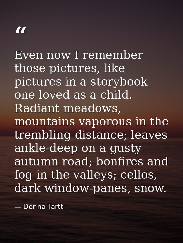 Even now I remember those pictures, like pictures in a storybook one loved as a child. Radiant meadows, mountains vaporo — Donna Tartt