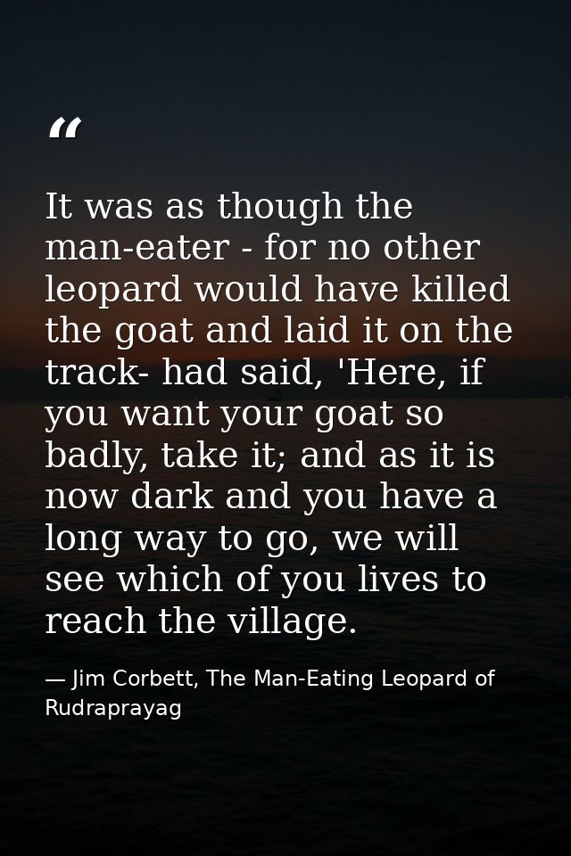 It was as though the man-eater - for no other leopard would have killed the goat and laid it on the track- had said, 'He — Jim Corbett, The Man-Eating Leopard of Rudraprayag