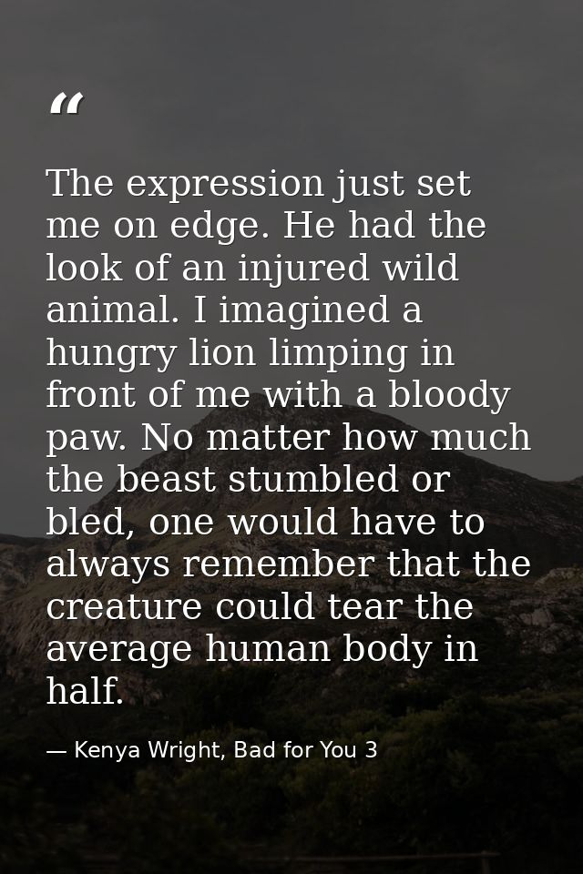 The expression just set me on edge. He had the look of an injured wild animal. I imagined a hungry lion limping in front — Kenya Wright, Bad for You 3