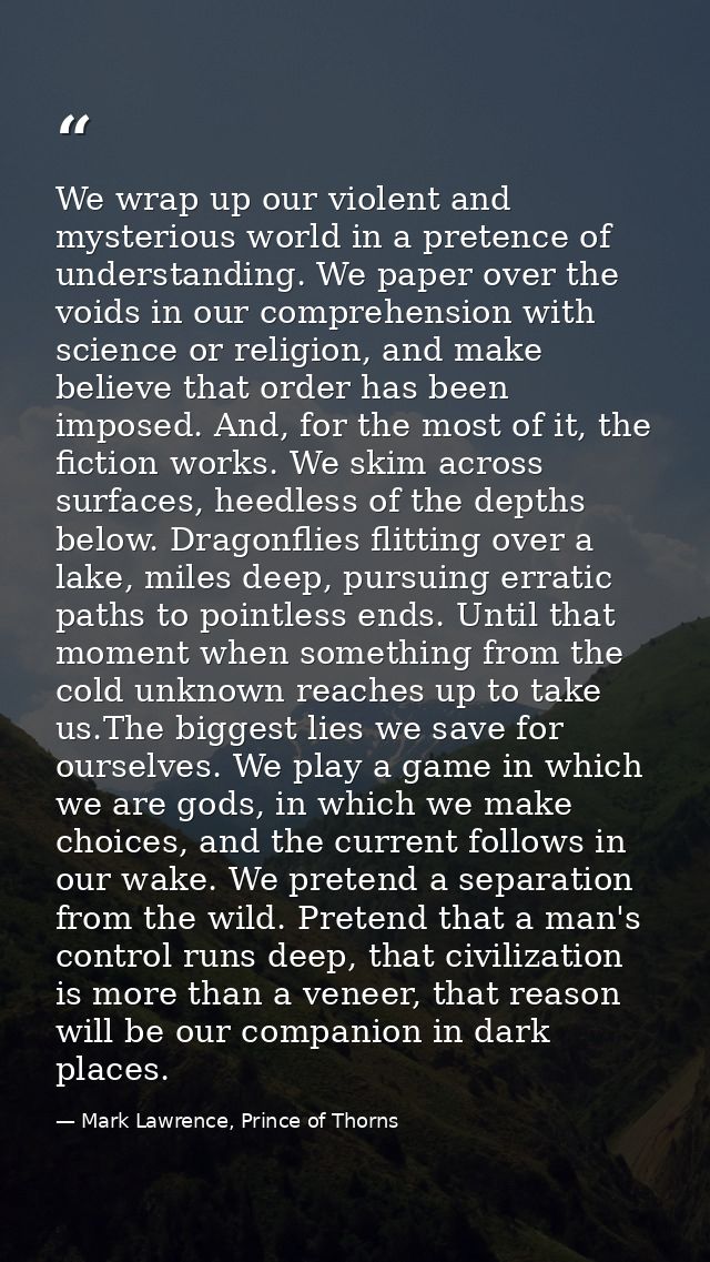 We wrap up our violent and mysterious world in a pretence of understanding. We paper over the voids in our comprehension — Mark Lawrence, Prince of Thorns