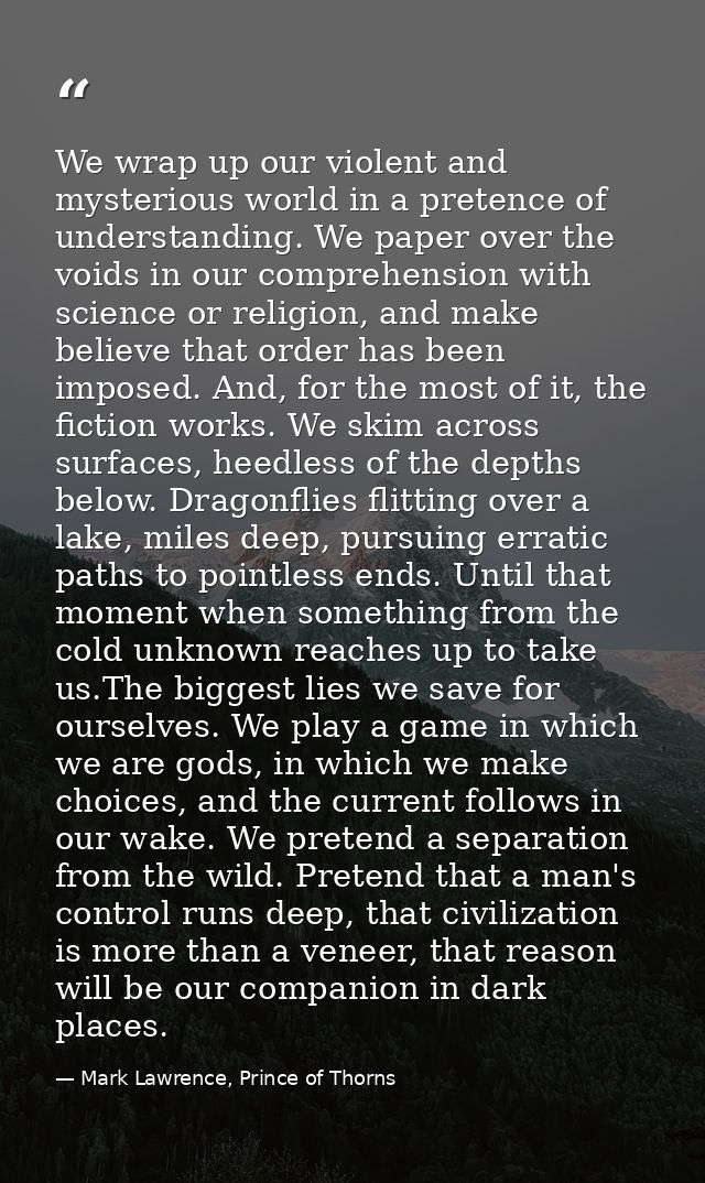 We wrap up our violent and mysterious world in a pretence of understanding. We paper over the voids in our comprehension — Mark Lawrence, Prince of Thorns