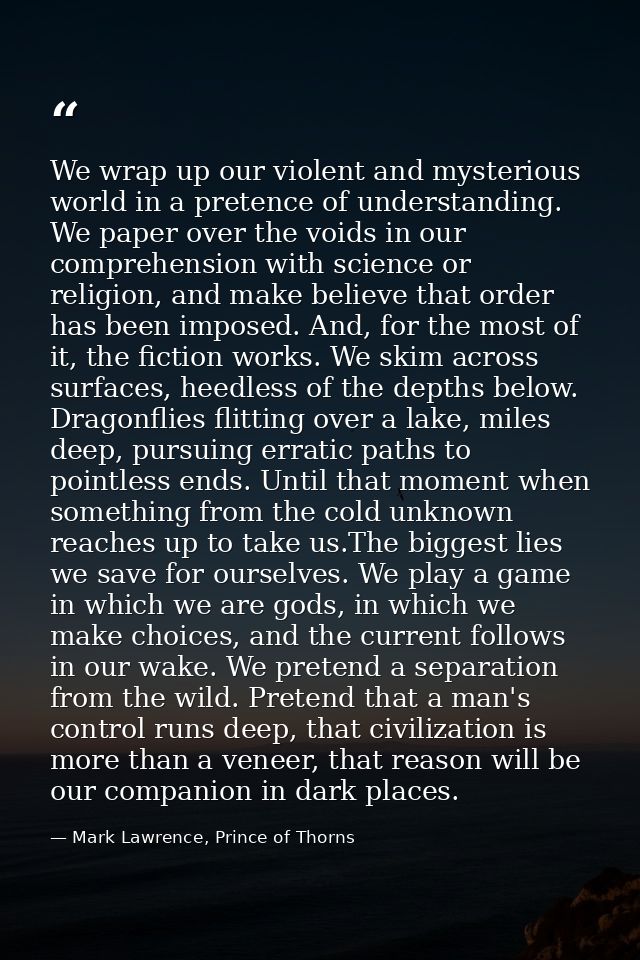 We wrap up our violent and mysterious world in a pretence of understanding. We paper over the voids in our comprehension — Mark Lawrence, Prince of Thorns