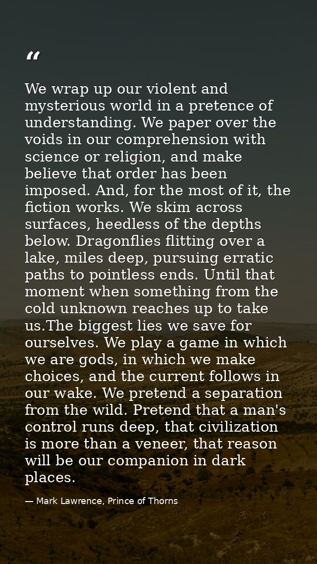 We wrap up our violent and mysterious world in a pretence of understanding. We paper over the voids in our comprehension — Mark Lawrence, Prince of Thorns