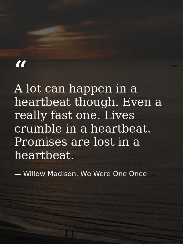A lot can happen in a heartbeat though. Even a really fast one. Lives crumble in a heartbeat. Promises are lost in a hea — Willow Madison, We Were One Once