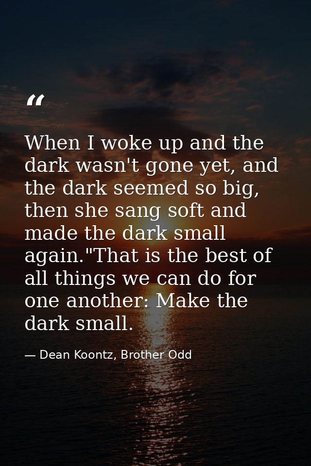 When I woke up and the dark wasn't gone yet, and the dark seemed so big, then she sang soft and made the dark small agai — Dean Koontz, Brother Odd