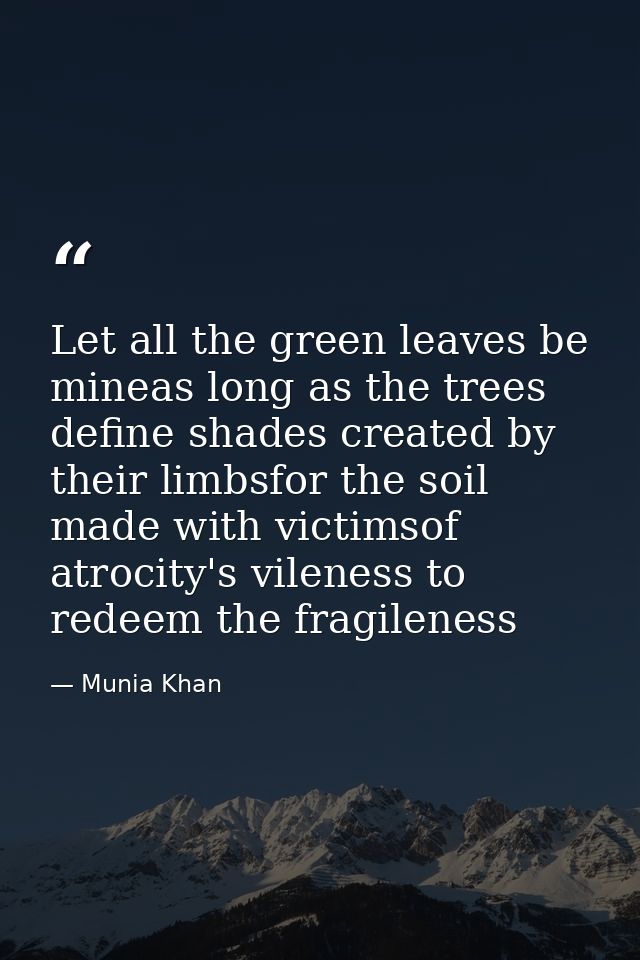 Let all the green leaves be mineas long as the trees define shades created by their limbsfor the soil made with victimso — Munia Khan