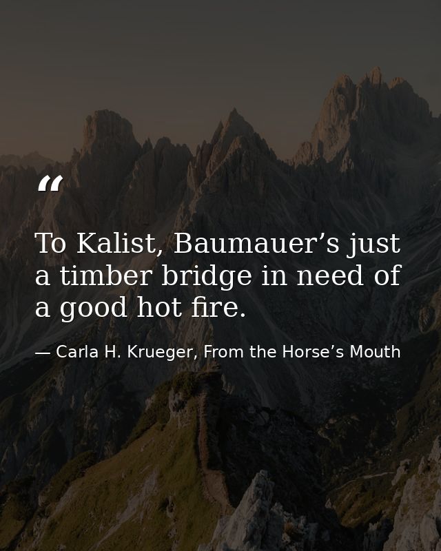 To Kalist, Baumauer’s just a timber bridge in need of a good hot fire. — Carla H. Krueger, From the Horse’s Mouth