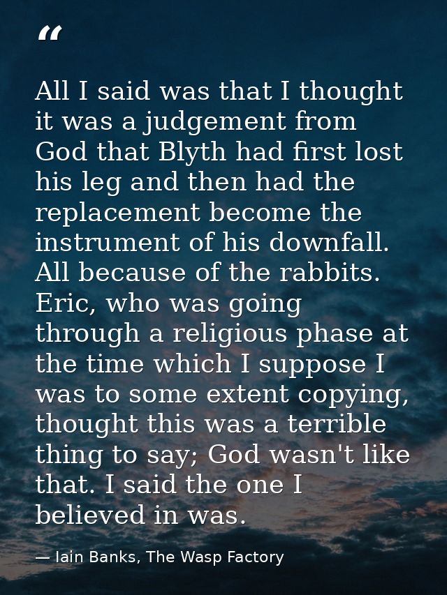 All I said was that I thought it was a judgement from God that Blyth had first lost his leg and then had the replacement — Iain Banks, The Wasp Factory