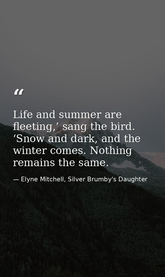 Life and summer are fleeting,’ sang the bird. ‘Snow and dark, and the winter comes. Nothing remains the same. — Elyne Mitchell, Silver Brumby's Daughter