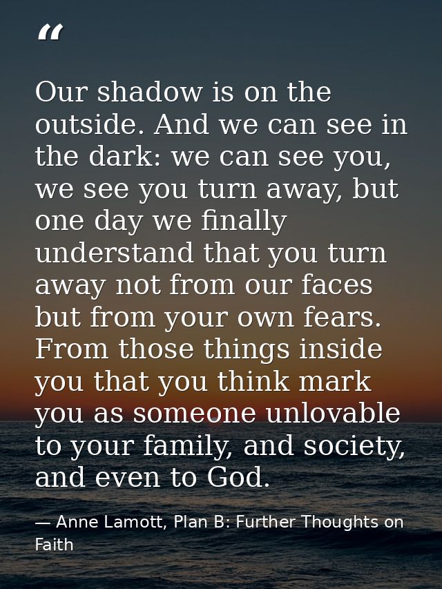 Our shadow is on the outside. And we can see in the dark: we can see you, we see you turn away, but one day we finally u — Anne Lamott, Plan B: Further Thoughts on Faith
