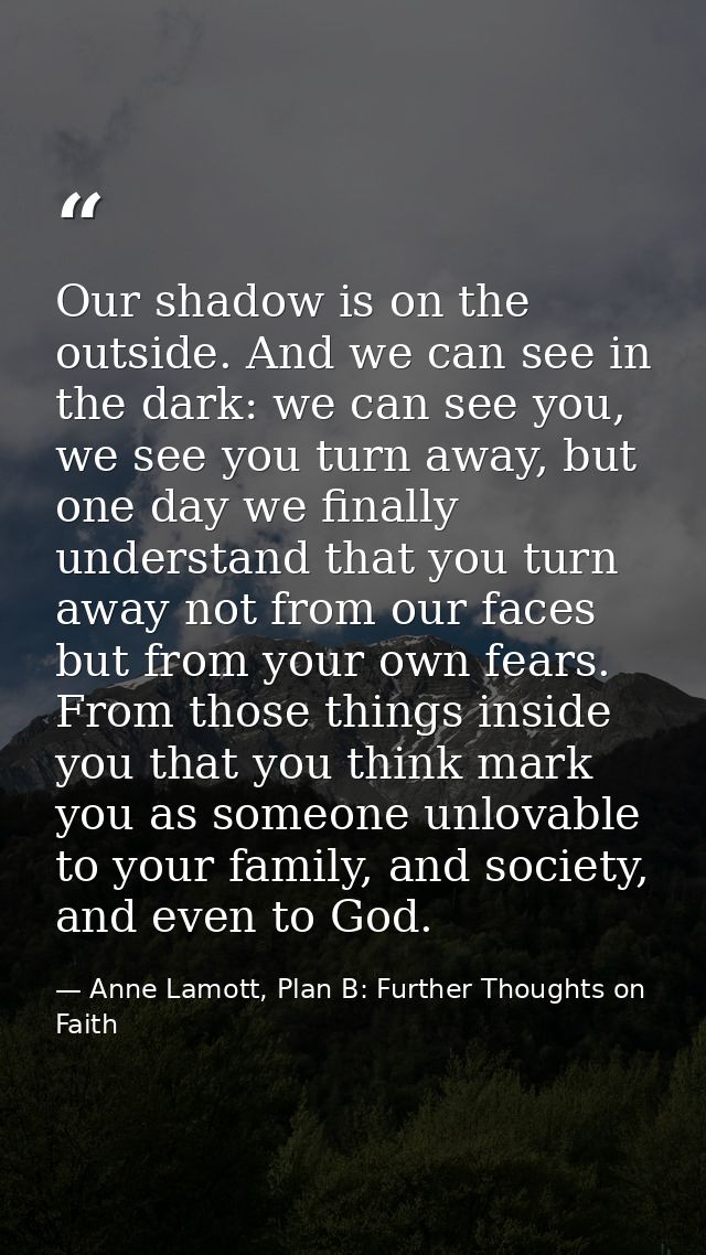 Our shadow is on the outside. And we can see in the dark: we can see you, we see you turn away, but one day we finally u — Anne Lamott, Plan B: Further Thoughts on Faith