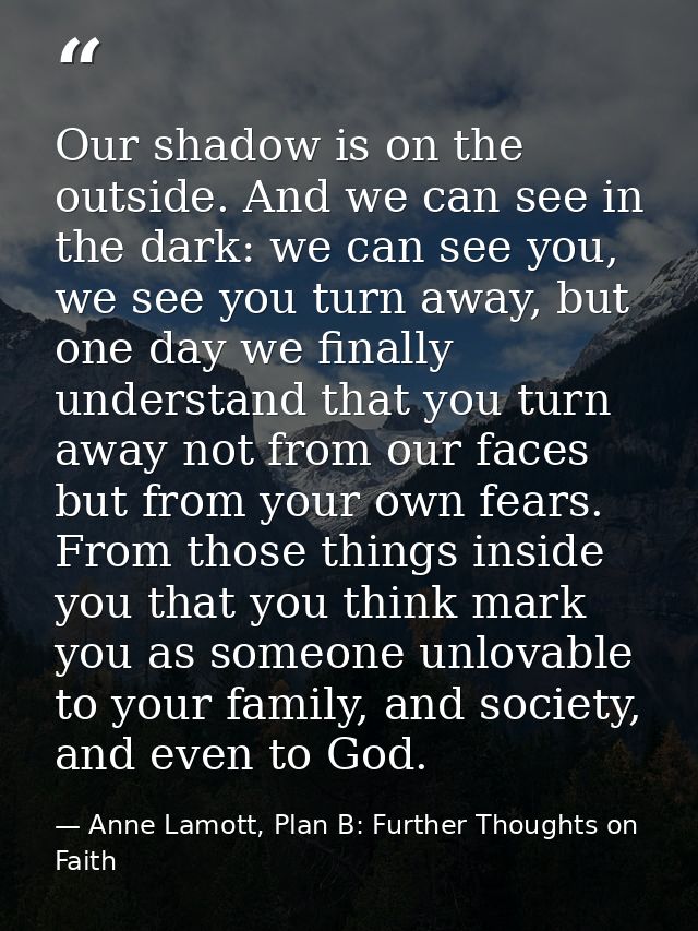 Our shadow is on the outside. And we can see in the dark: we can see you, we see you turn away, but one day we finally u — Anne Lamott, Plan B: Further Thoughts on Faith