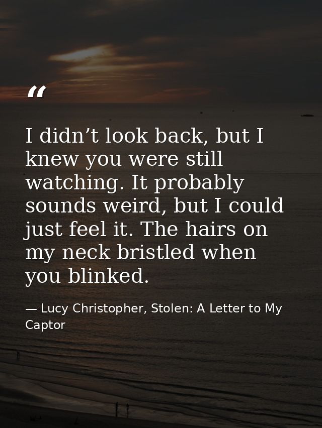 I didn’t look back, but I knew you were still watching. It probably sounds weird, but I could just feel it. The hairs on — Lucy Christopher, Stolen: A Letter to My Captor