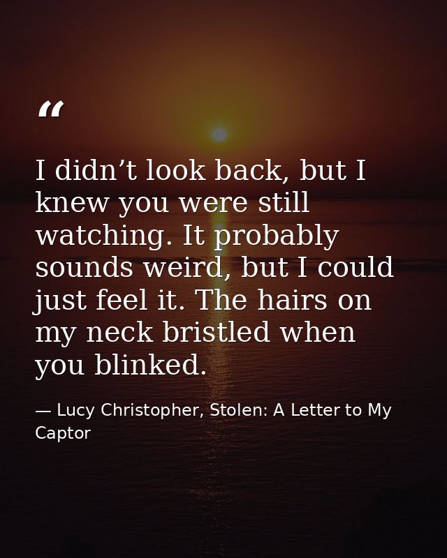 I didn’t look back, but I knew you were still watching. It probably sounds weird, but I could just feel it. The hairs on — Lucy Christopher, Stolen: A Letter to My Captor