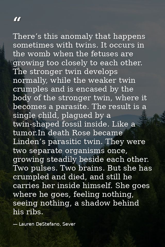 There’s this anomaly that happens sometimes with twins. It occurs in the womb when the fetuses are growing too closely t — Lauren DeStefano, Sever