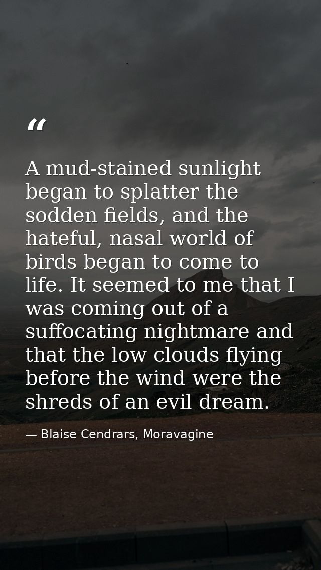 A mud-stained sunlight began to splatter the sodden fields, and the hateful, nasal world of birds began to come to life. — Blaise Cendrars, Moravagine
