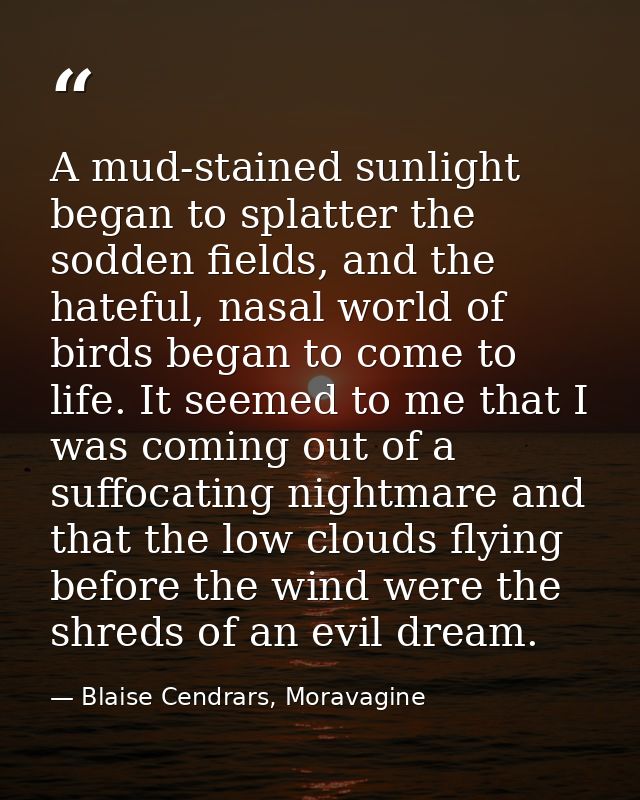 A mud-stained sunlight began to splatter the sodden fields, and the hateful, nasal world of birds began to come to life. — Blaise Cendrars, Moravagine
