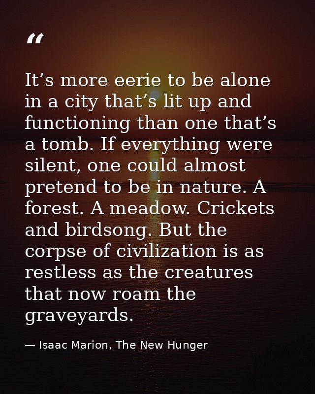 It’s more eerie to be alone in a city that’s lit up and functioning than one that’s a tomb. If everything were silent, o — Isaac Marion, The New Hunger