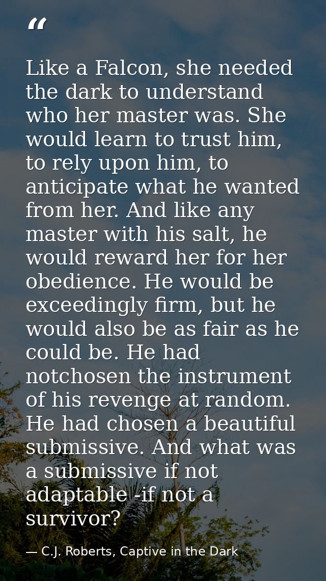 Like a Falcon, she needed the dark to understand who her master was. She would learn to trust him, to rely upon him, to  — C.J. Roberts, Captive in the Dark