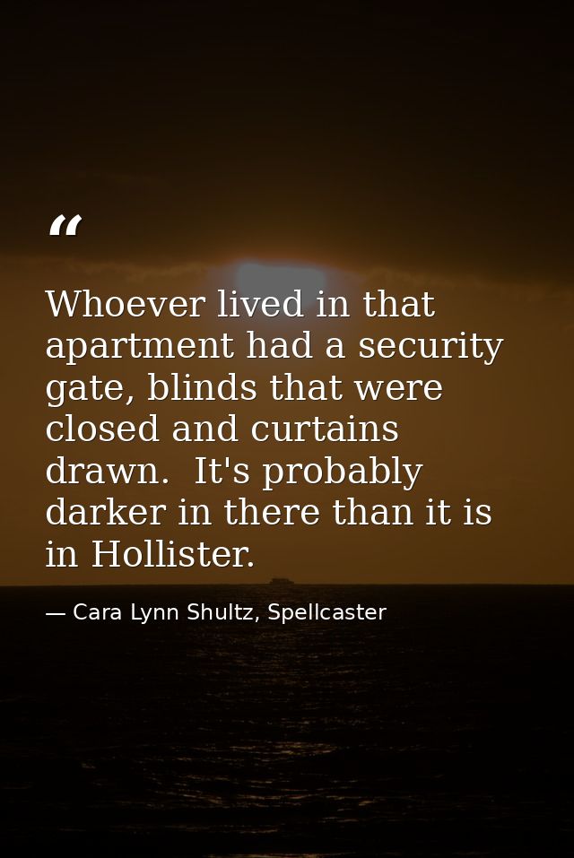 Whoever lived in that apartment had a security gate, blinds that were closed and curtains drawn.  It's probably darker i — Cara Lynn Shultz, Spellcaster
