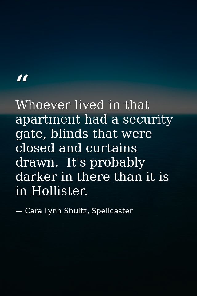 Whoever lived in that apartment had a security gate, blinds that were closed and curtains drawn.  It's probably darker i — Cara Lynn Shultz, Spellcaster